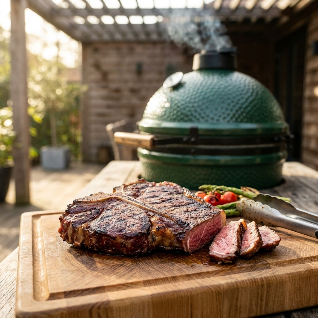 Dry-Aged T-Bone Steak on Hardwood Coals with Anchovy, Garlic & Rosemary Butter