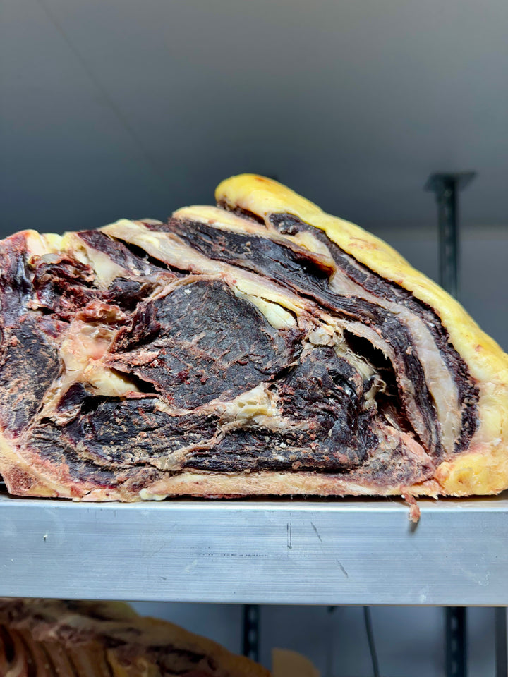 100-day dry-aged beef cross-section showing deep ageing process