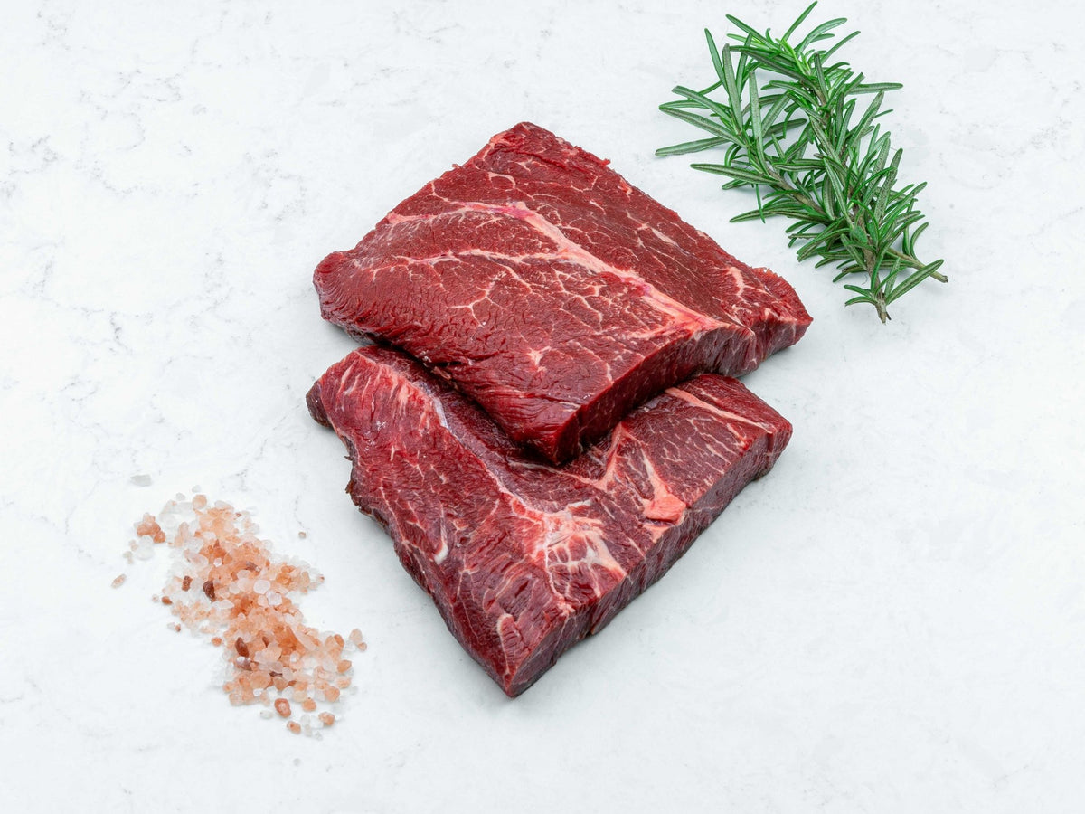Flat iron steak from grass fed British beef, cut from the featherblade